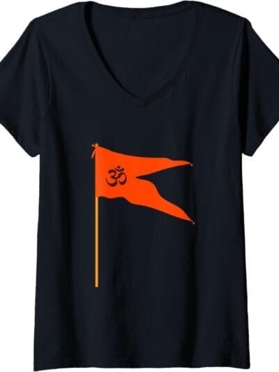 Hinduism Om Saffron Orange Flag, Sacred Pooja Hindu Temple V-Neck T-Shirt (USA)