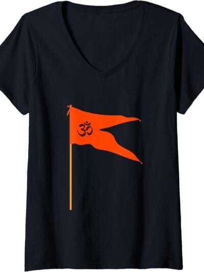 Hinduism Om Saffron Orange Flag, Sacred Pooja Hindu Temple V-Neck T-Shirt (UK)