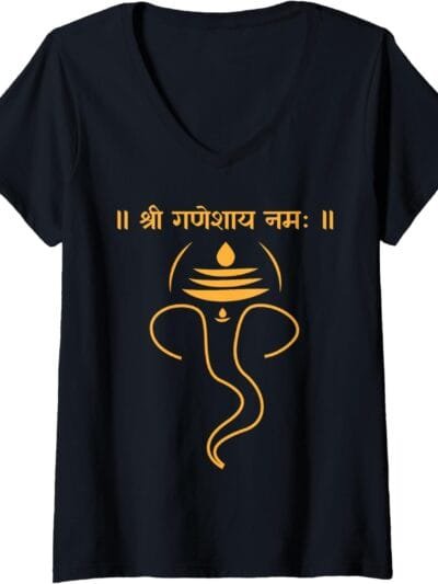 Ganapati, Ganesh, Shree Ganeshaya Namaha Sanskrit Puja V-Neck T-Shirt (USA)