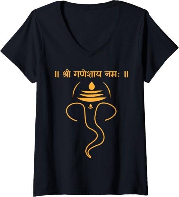 Ganapati, Ganesh, Shree Ganeshaya Namaha Sanskrit Puja V-Neck T-Shirt (USA)