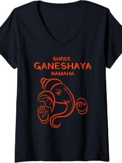 Ganapati, Ganesh, Shree Ganeshaya Namaha Ganeshotsav Puja V-Neck T-Shirt (USA)
