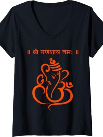 Ganapati, Ganesh, Shree Ganeshaya Namaha Sanskrit Puja V-Neck T-Shirt (USA)