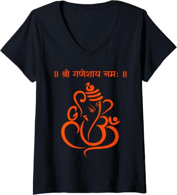 Ganapati, Ganesh, Shree Ganeshaya Namaha Sanskrit Puja V-Neck T-Shirt (USA)