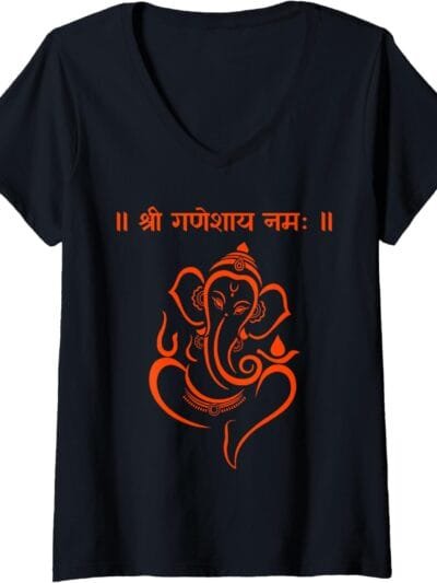 Ganapati, Ganesh, Shree Ganeshaya Namaha Sanskrit Om Puja V-Neck T-Shirt (USA)