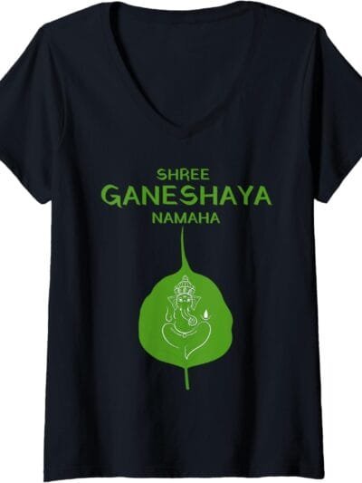 Ganapati, Ganesh, Shree Ganeshaya Namaha on Leaf Puja V-Neck T-Shirt (USA)