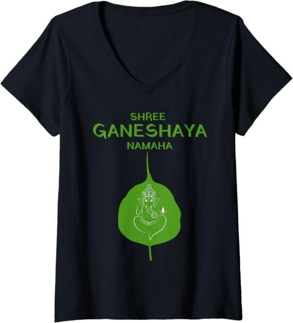 Ganapati, Ganesh, Shree Ganeshaya Namaha on Leaf Puja V-Neck T-Shirt (USA)
