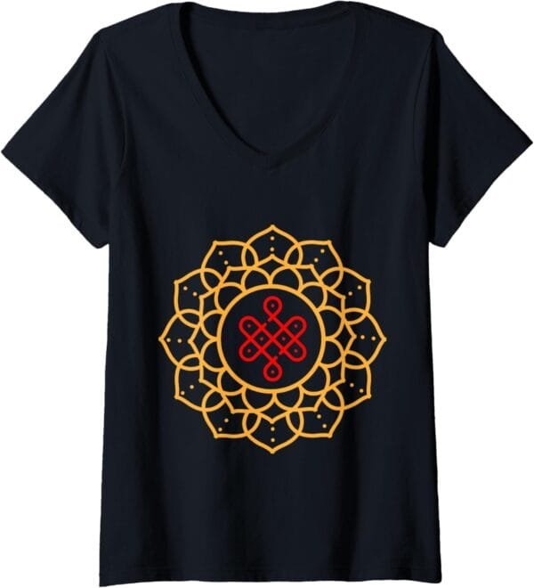 Diwali Pooja, Deepawali, Hindu Rangoli Mandala Art V-Neck T-Shirt (USA)