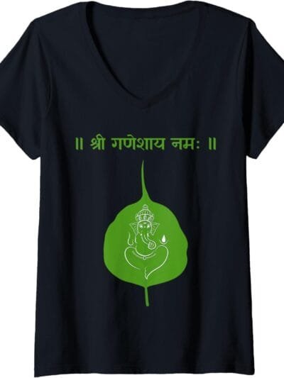 Ganapati, Ganesh, Shree Ganeshaya Namaha Leaf Sanskrit Puja V-Neck T-Shirt (Italy)