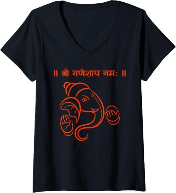 Ganapati, Ganesh, Shree Ganeshaya Namaha Sanskrit Puja V-Neck T-Shirt (USA)