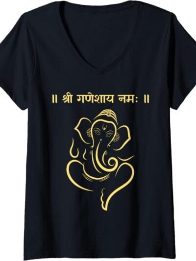 Ganapati, Ganesh, Shree Ganeshaya Namaha Sanskrit Puja V-Neck T-Shirt (Spain)