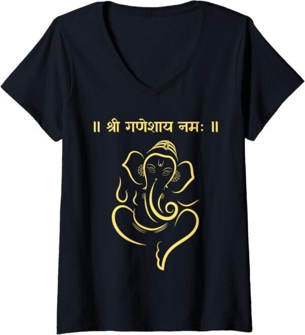 Ganapati, Ganesh, Shree Ganeshaya Namaha Sanskrit Puja V-Neck T-Shirt (Spain)