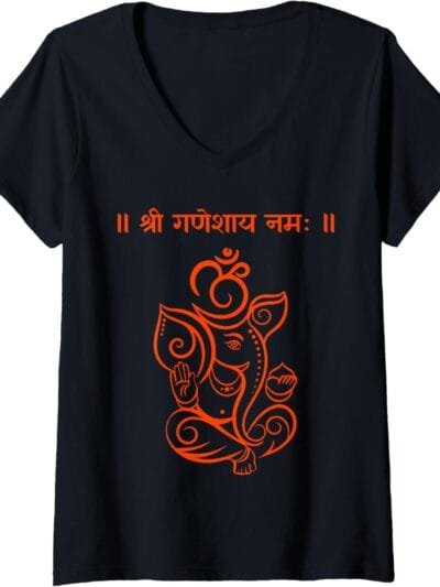 Ganapati, Ganesh, Shree Ganeshaya Namaha Om Sanskrit Puja V-Neck T-Shirt (USA)