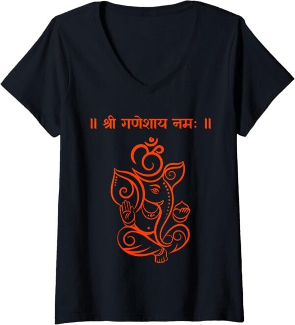 Ganapati, Ganesh, Shree Ganeshaya Namaha Om Sanskrit Puja V-Neck T-Shirt (USA)