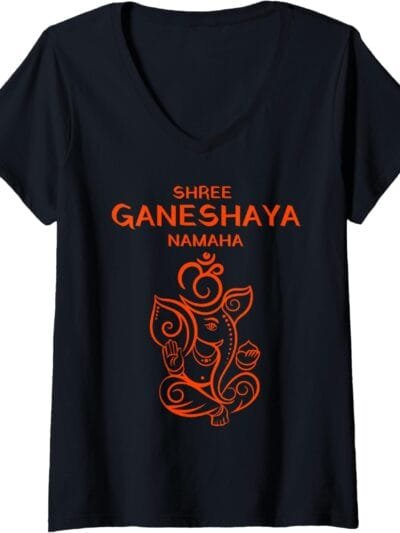 Ganapati, Ganesh, Shree Ganeshaya Namaha Om Ganeshotsav Puja V-Neck T-Shirt (USA)