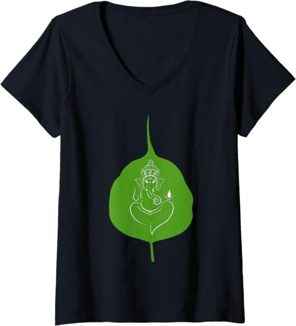 Ganapati, Ganesh, on Leaf Ganeshotsav Puja V-Neck T-Shirt (USA)