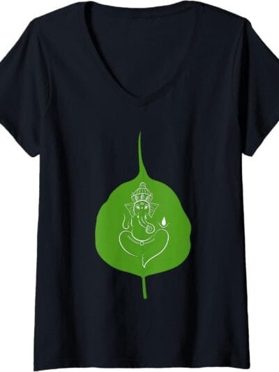 Ganapati, Ganesh, on Leaf Ganeshotsav Puja V-Neck T-Shirt (UK)