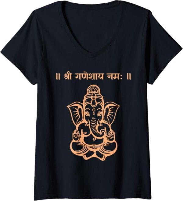 Ganapati, Ganesh, Shree Ganeshaya Namaha Sanskrit Puja V-Neck T-Shirt (USA)