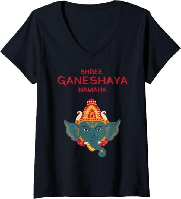 Ganapati, Ganesh, Shree Ganeshaya Namaha Ganeshotsav Puja V-Neck T-Shirt (USA)
