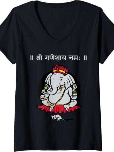 Ganapati, Ganesh, Shree Ganeshaya Namaha Sanskrit Puja V-Neck T-Shirt (UK)