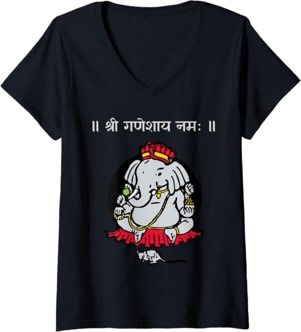 Ganapati, Ganesh, Shree Ganeshaya Namaha Sanskrit Puja V-Neck T-Shirt (USA)