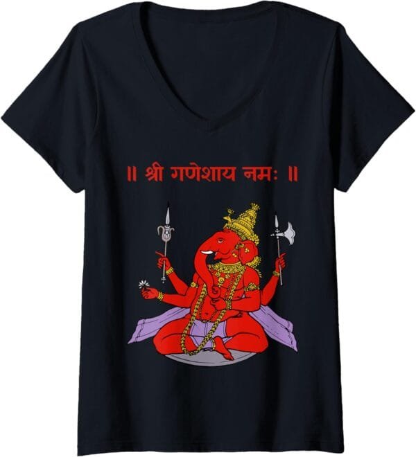 Ganapati, Ganesh, Shree Ganeshaya Namaha Sanskrit Puja V-Neck T-Shirt (USA)