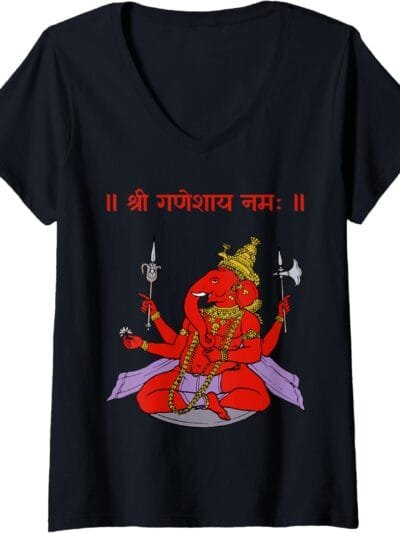 Ganapati, Ganesh, Shree Ganeshaya Namaha Sanskrit Puja V-Neck T-Shirt (Spain)
