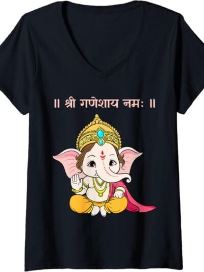 Ganapati, Ganesh, Shree Ganeshaya Namaha Sanskrit Puja V-Neck T-Shirt (Spain)