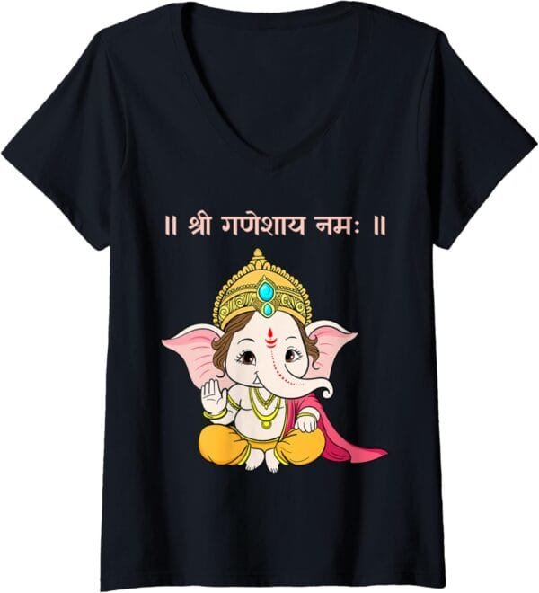 Ganapati, Ganesh, Shree Ganeshaya Namaha Sanskrit Puja V-Neck T-Shirt (USA)