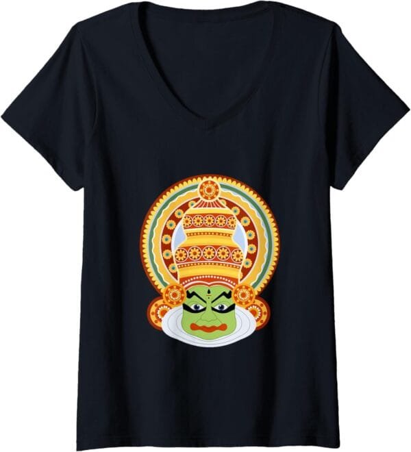 Hinduism Kathakali Dancer Face Kerala Onam Hindu Temple Puja V-Neck T-Shirt (Spain)