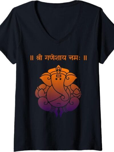Ganapati, Ganesh, Shree Ganeshaya Namaha Sanskrit Puja V-Neck T-Shirt (USA)