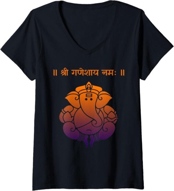 Ganapati, Ganesh, Shree Ganeshaya Namaha Sanskrit Puja V-Neck T-Shirt (USA)