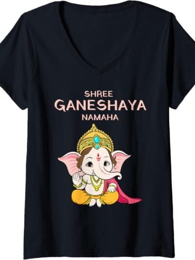 Ganapati, Ganesh, Shree Ganeshaya Namaha Ganeshotsav Puja V-Neck T-Shirt (USA)
