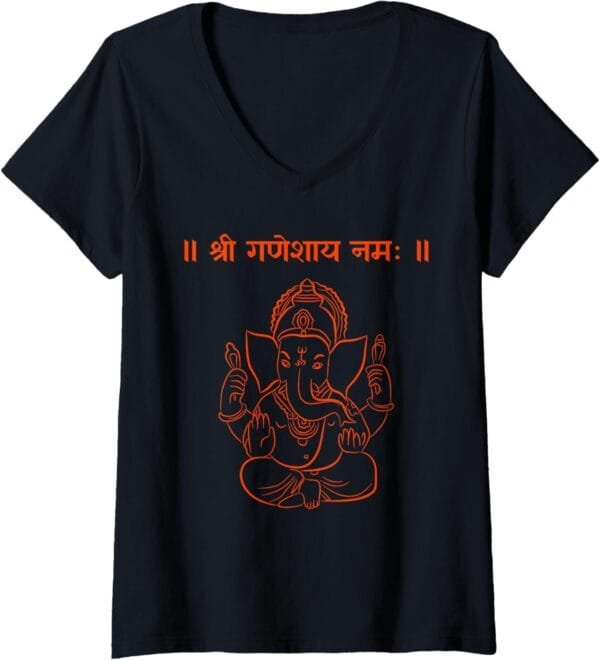 Ganapati, Ganesh, Shree Ganeshaya Namaha Sanskrit Puja V-Neck T-Shirt (Spain)