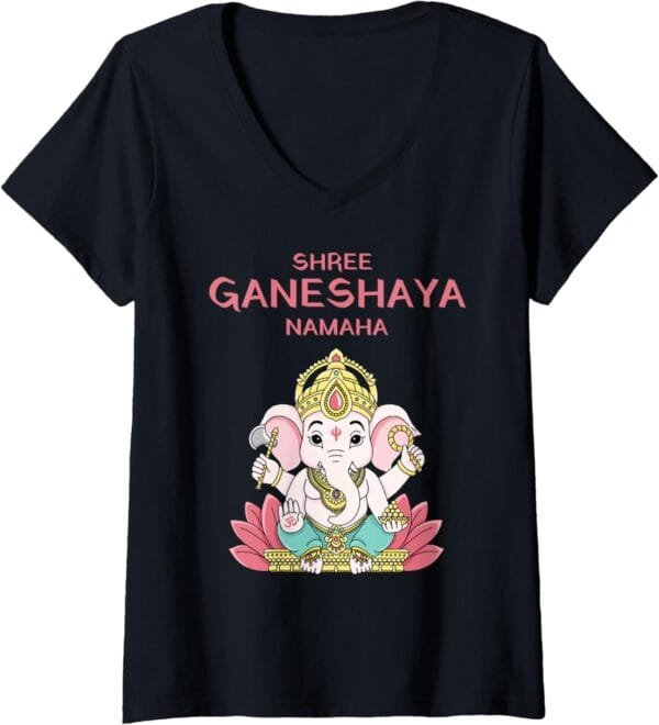Ganapati, Ganesh, Shree Ganeshaya Namaha Ganeshotsav Puja V-Neck T-Shirt (USA)