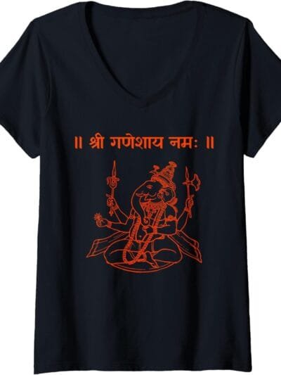 Ganapati, Ganesh, Shree Ganeshaya Namaha Sanskrit Puja V-Neck T-Shirt (USA)