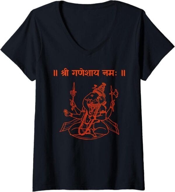 Ganapati, Ganesh, Shree Ganeshaya Namaha Sanskrit Puja V-Neck T-Shirt (USA)