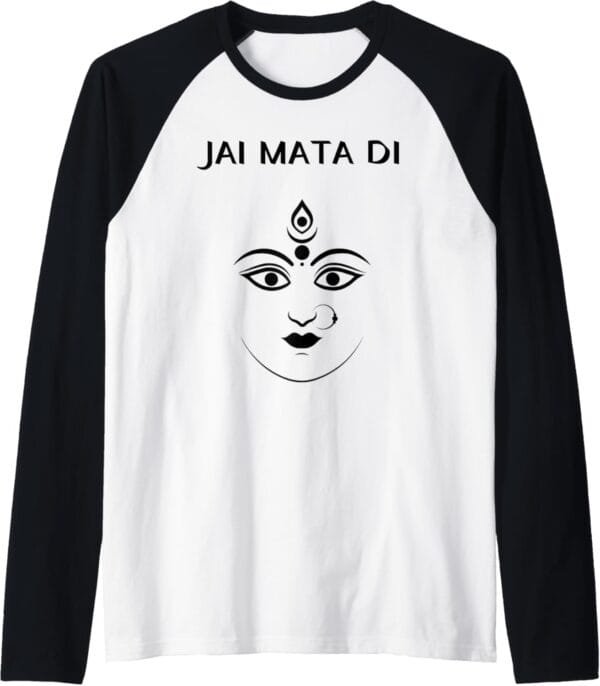 Durga Mata, Navratri Indian Goddess Face Jai Mata Di Pooja Raglan T-Shirt (USA)