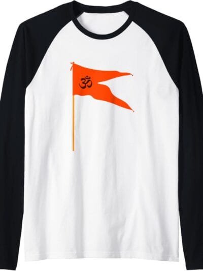 Hinduism Om Saffron Orange Flag, Sacred Pooja Hindu Temple Raglan T-Shirt (USA)