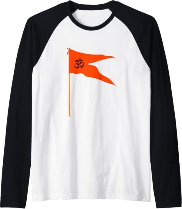 Hinduism Om Saffron Orange Flag, Sacred Pooja Hindu Temple Raglan T-Shirt (USA)