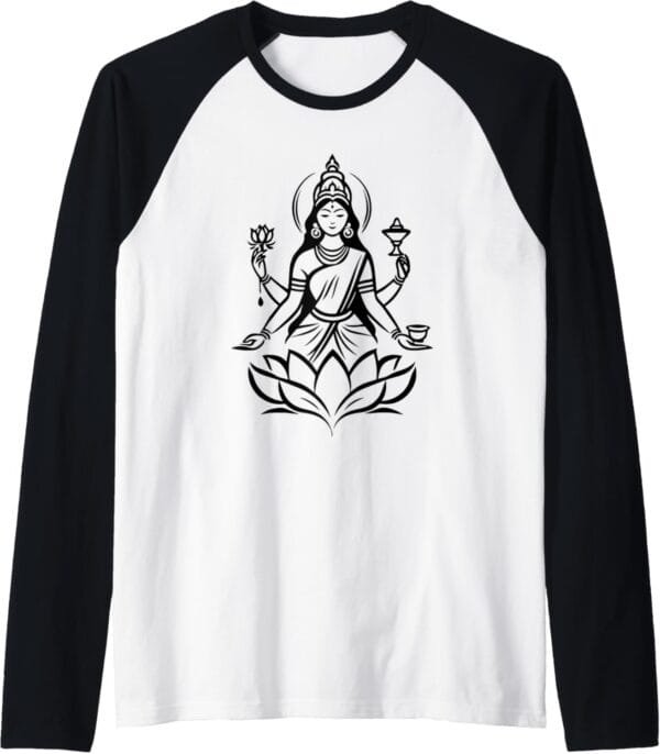 Laxmi Mata, Diwali Indian Goddess on Lotus Flower Hindu Puja Raglan T-Shirt (USA)