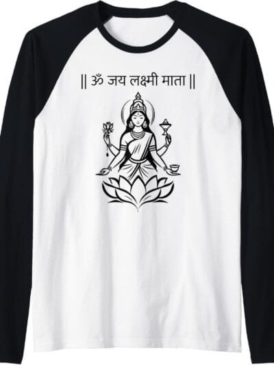 Laxmi Mata, Diwali Goddess Om Jai Lakshmi Mata Sanskrit Puja Raglan T-Shirt (USA)