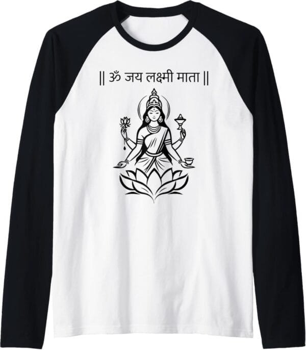 Laxmi Mata, Diwali Goddess Om Jai Lakshmi Mata Sanskrit Puja Raglan T-Shirt (USA)