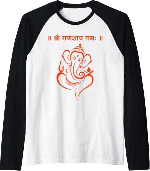 Ganapati, Ganesh, Shree Ganeshaya Namaha Sanskrit Om Puja Raglan T-Shirt (USA)