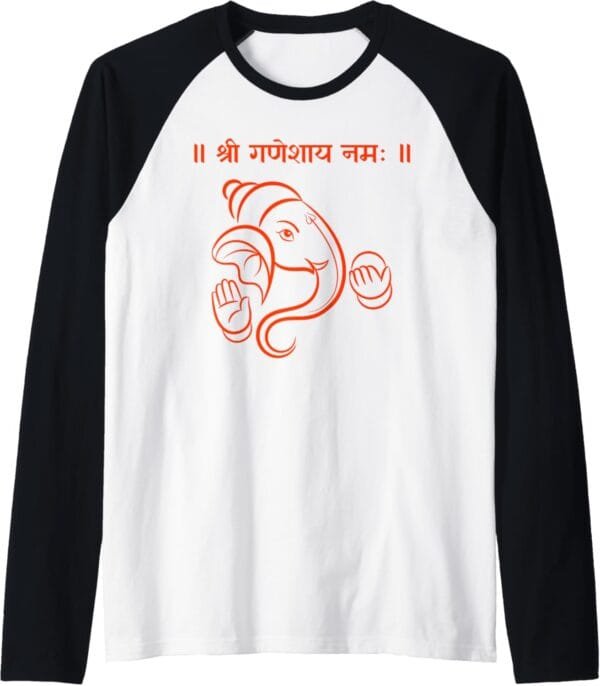Ganapati, Ganesh, Shree Ganeshaya Namaha Sanskrit Puja Raglan T-Shirt (USA)