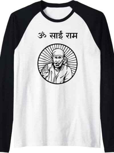 Sai Baba of Shirdi Blessing God Temple Puja Om Sai Ram Hindi Raglan T-Shirt (USA)