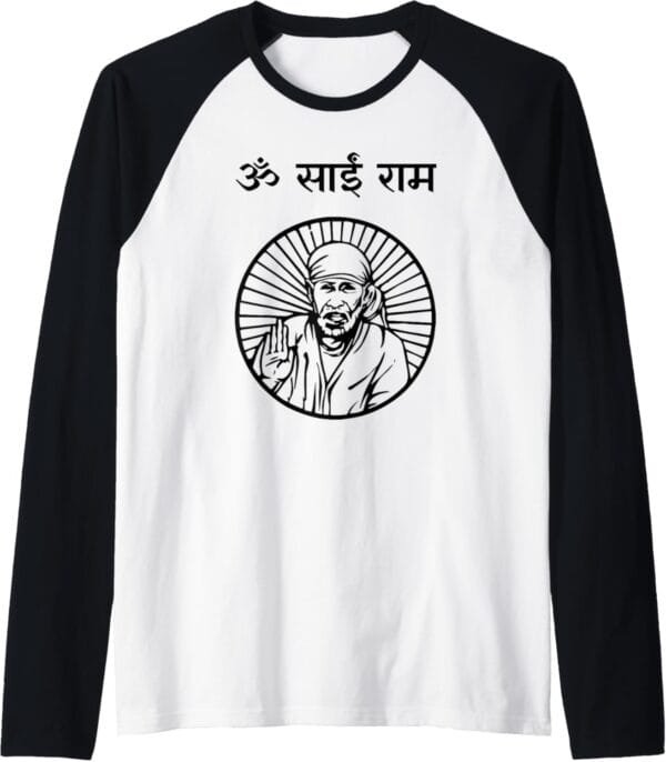 Sai Baba of Shirdi Blessing God Temple Puja Om Sai Ram Hindi Raglan T-Shirt (USA)
