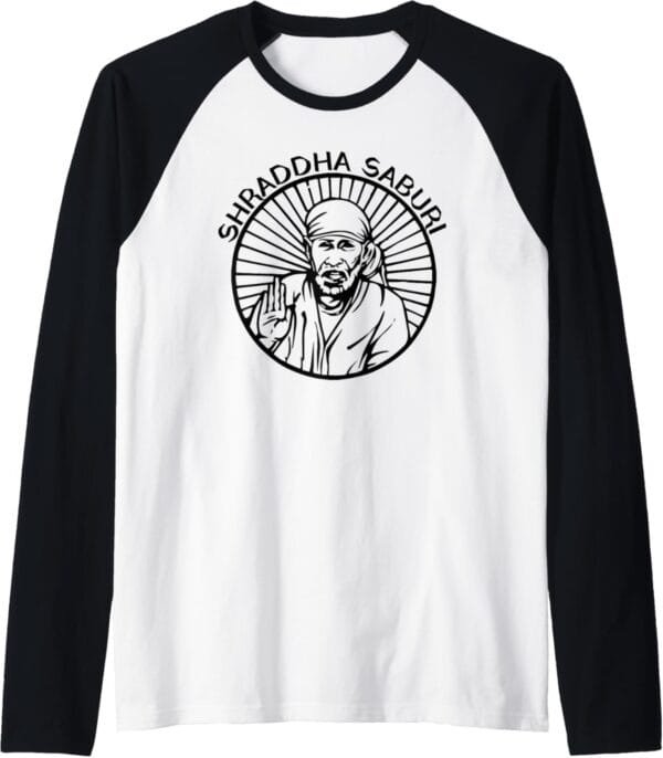 Sai Baba of Shirdi Blessing God Hindu Pooja Shraddha Saburi Raglan T-Shirt (USA)