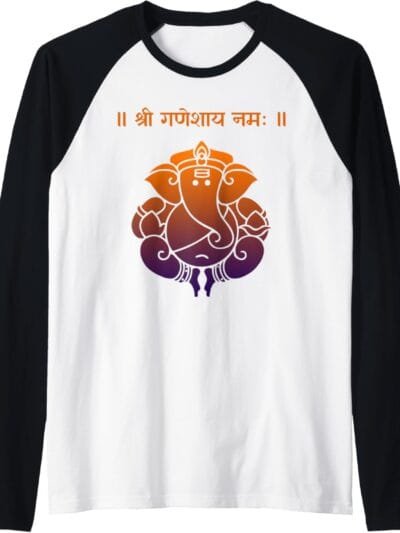 Ganapati, Ganesh, Shree Ganeshaya Namaha Sanskrit Puja Raglan T-Shirt (USA)