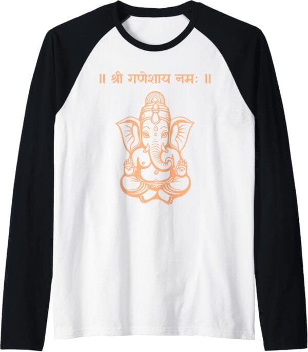 Ganapati, Ganesh, Shree Ganeshaya Namaha Sanskrit Puja Raglan T-Shirt (USA)