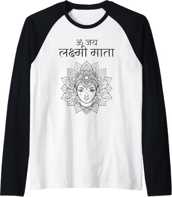 Laxmi Mata, Diwali Om Jai Lakshmi Mata Hindi Navratri Puja Raglan T-Shirt (USA)